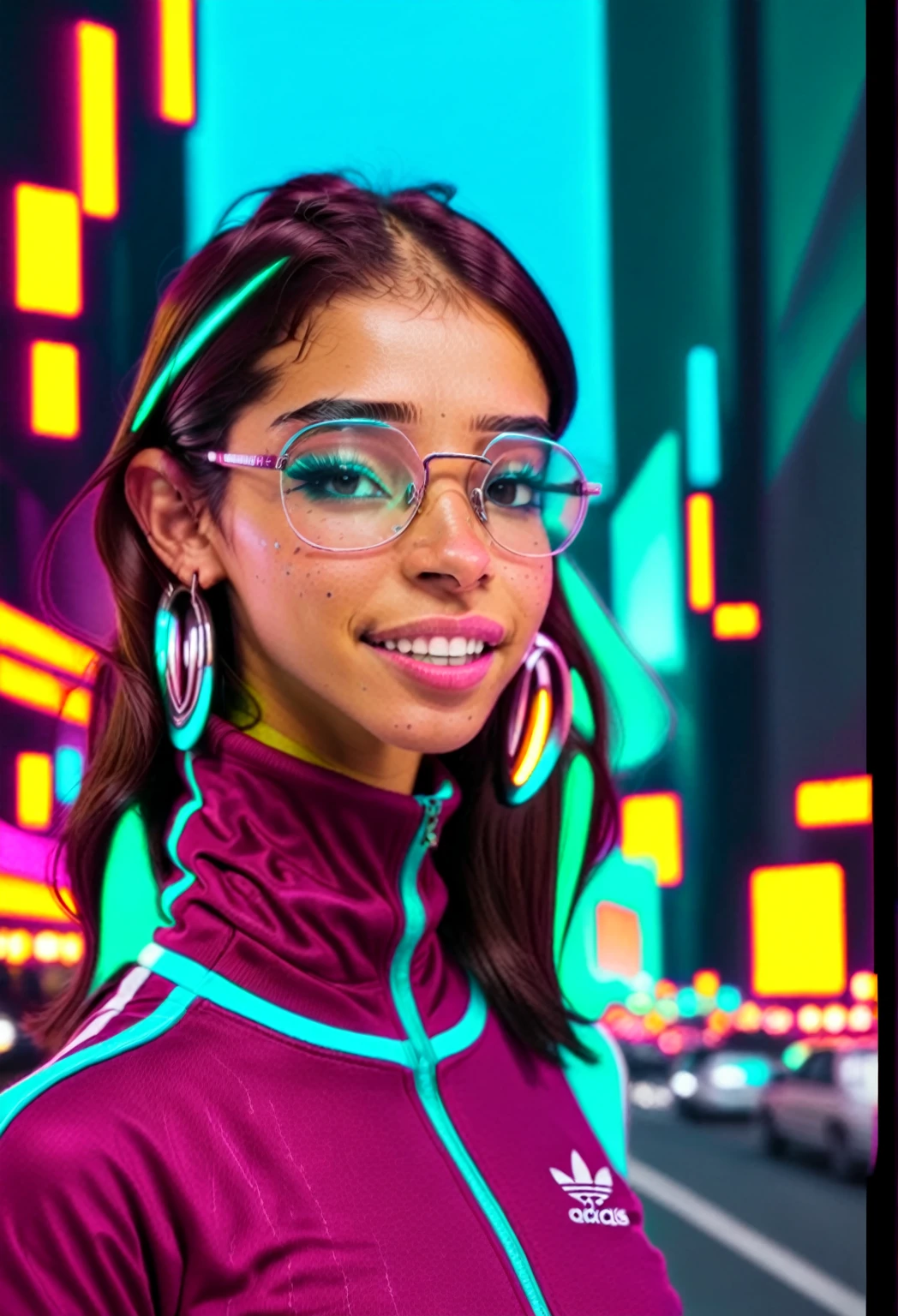 She is at a disco with colorful lights reflecting on her skin. She's a cute 23-year-old Latina with a button nose and straight hair parted in the middle. She's wearing 1980s hip hop clothing, including a maroon leather jacket with many silver, angled and shiny zippers. She also has futuristic tech glasses and glowing earrings. In the background, there's a cityscape. She's wearing an Adidas maroon turtleneck with aqua blue stripes and is posing from the waist up, looking away from the camera and smiling, showing her freckles and a separate buck teeth.