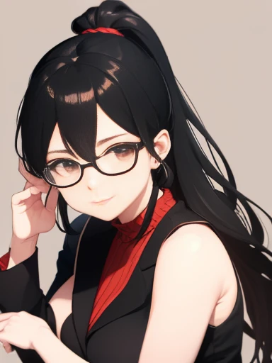 The background is the room、Hair style: black hair in a ponytail、The expression is shy、Style: Big breasts、Front facing、Dressed in high 、Glasses