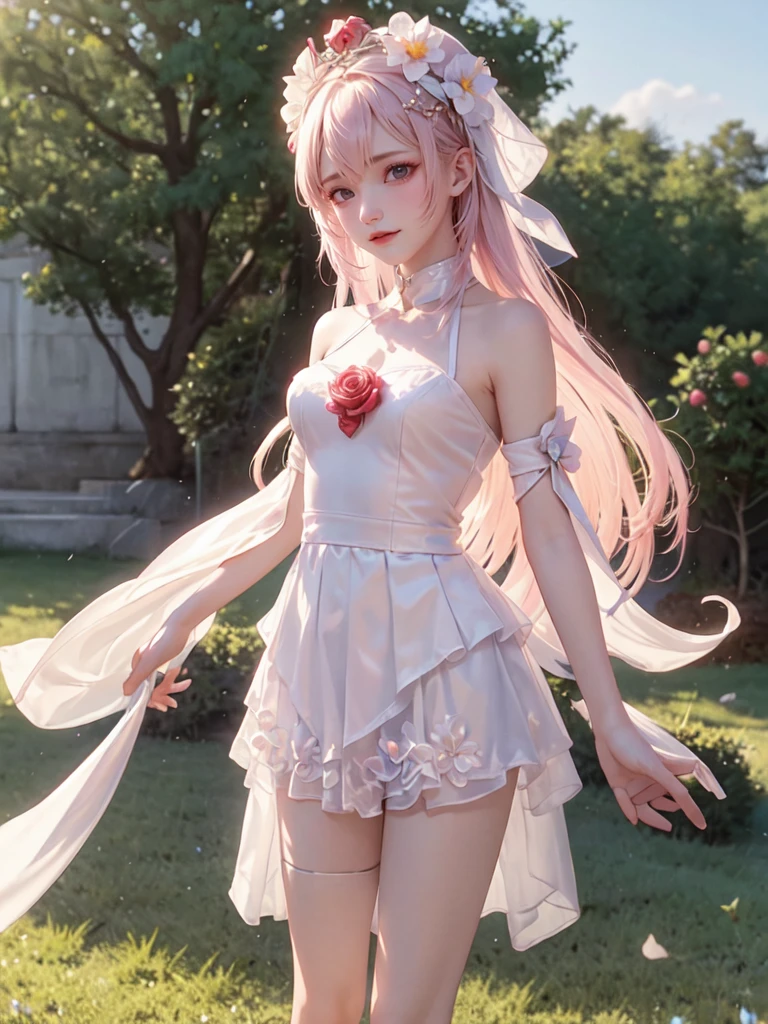 ((masterpiece, best quality)), 1 Girl, flower, Solitary, skirt, Keep, Sky, cloud, have, outdoor, Bangs, flower束, Rose, Poker face, blush, Pink Hair, flower field, red flower, Pink Eyes, white skirt, Looking at the audience, Medium-length hair, Keep flower, Small Breasts, red Rose, Keep flower束, sun have, White headdress, Depth of Field