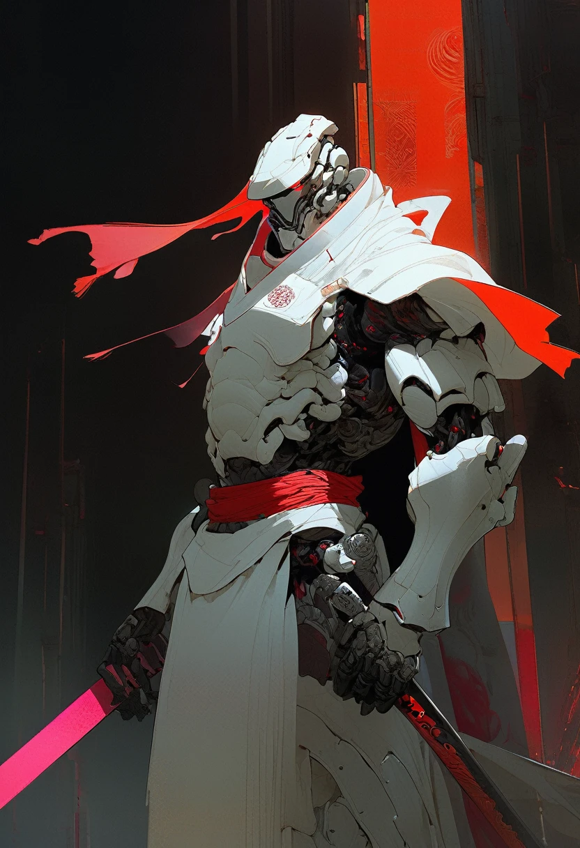 In a dimly lit laboratory, a towering figure emerges from the shadows. A white samurai cyborg stands tall, his exobone at his back, white titanium armor glistening in the faint light. A crimson scarf wraps around his neck, a fiery splash of color in the otherwise monochromatic scene. The air is heavy with anticipation as the cyborg's gaze pierces through the darkness.