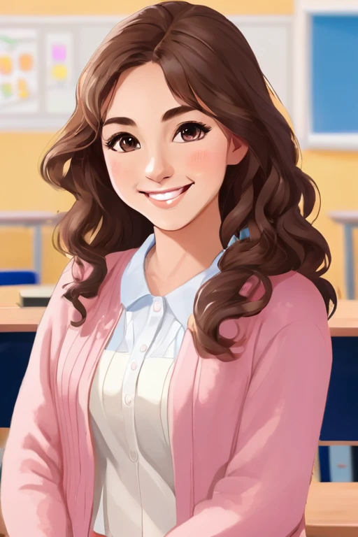 A beautiful young student girl smiling, long brown curls, light brown eyes, white skirt, pink cardigan, in a classroom