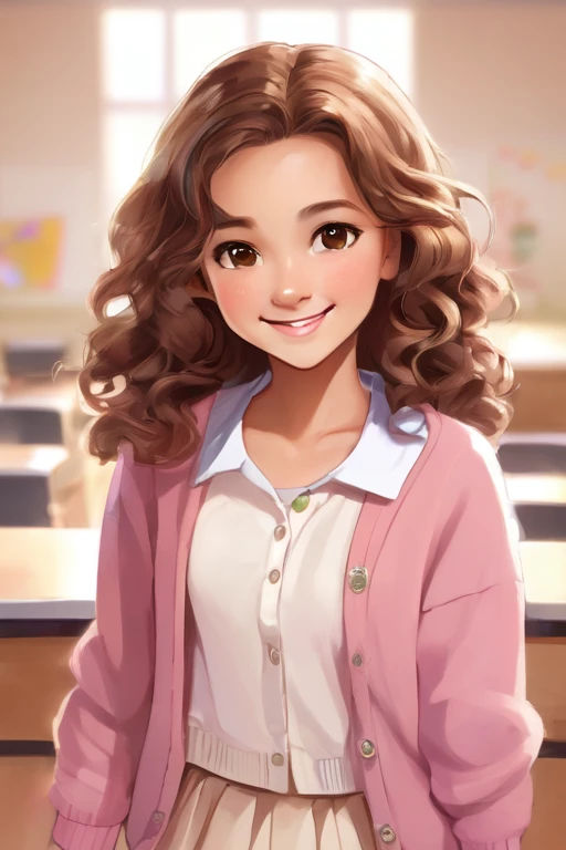 A beautiful young student girl smiling, long brown curls, light brown eyes, white skirt, pink cardigan, in a classroom