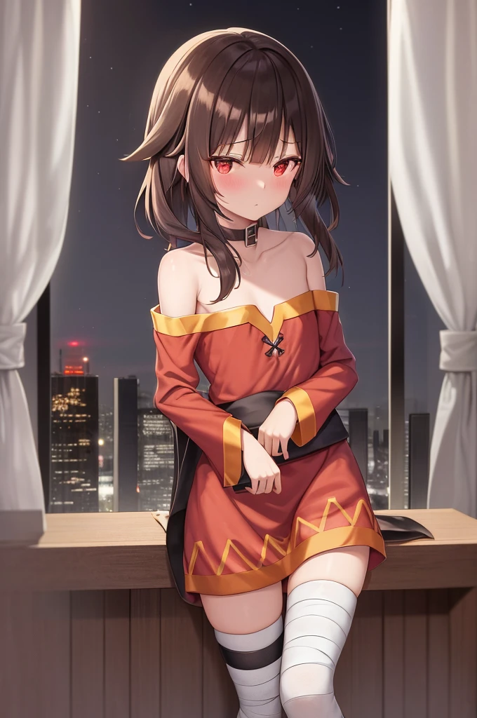Megumin, One girl,alone,Short and long hair,Brown Hair,Red Eyes,Small breasts,clavicle,Red dress,Gold border,Black choker,Bandage on leg,Hotel Rooms,Night view of skyscrapers,Orange lighting,