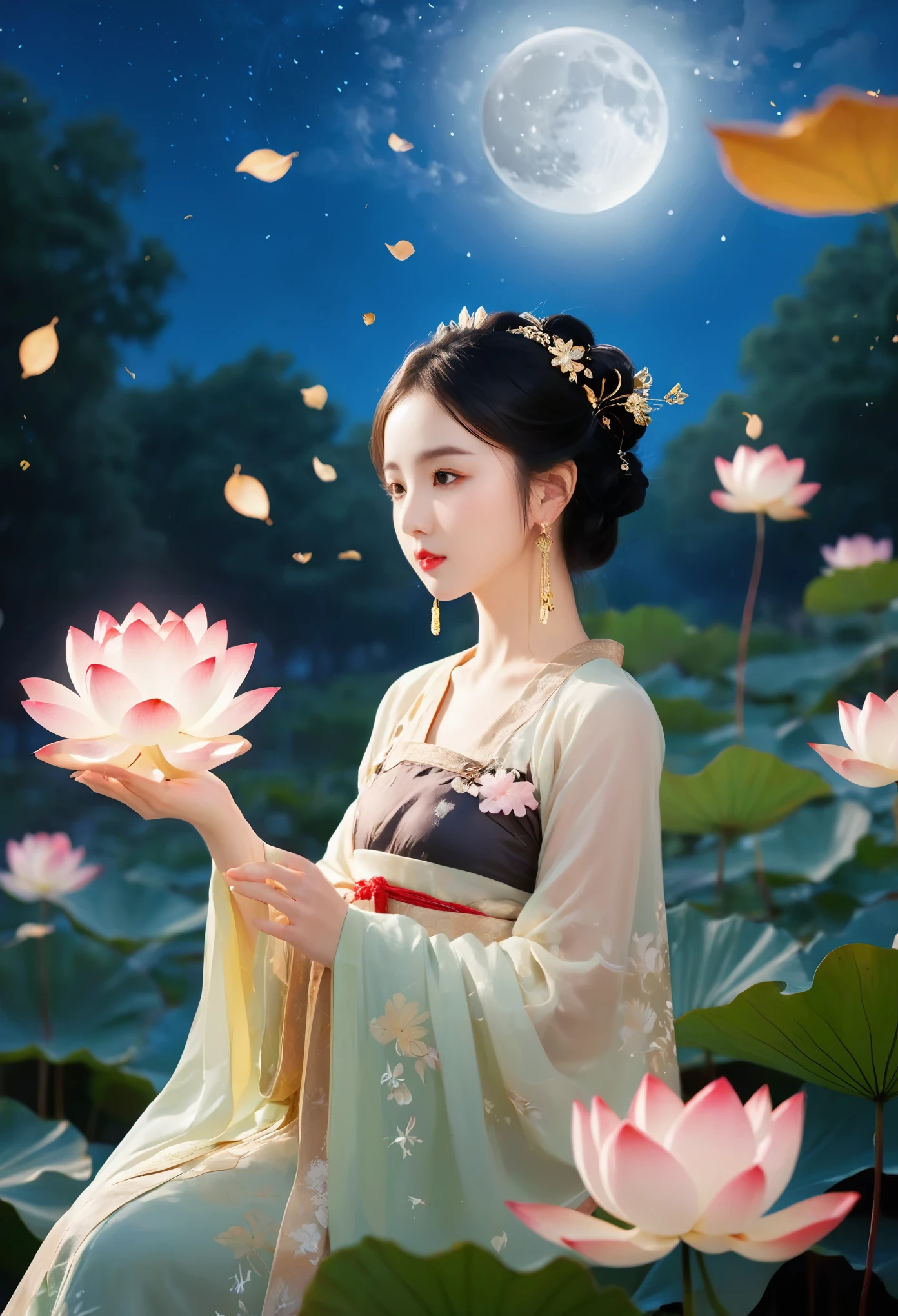 (masterpiece, best quality:1.2), full moon,Normal size moon,moonlight,1girl,Girl's posture,black hair,cloud,dress,earrings,falling leaves,falling petals,flower,ginkgo leaf,Duo Lianhua Lian Ye,Close range,Looking at the camera,Headwear,Diagonal body,upper body,above buttocks,Holding a lotus flower in both hands,night,hanfu,holding,jewelry,leaf,leaves in wind,lips,maple leaf,night sky,outdoors,petals,rose petals,sky,solo,water,hand,glow,Hazy light,Floodlight,Light effects,Optical particle,Luminous,High brightness contrast,XCYP Lady Hand,