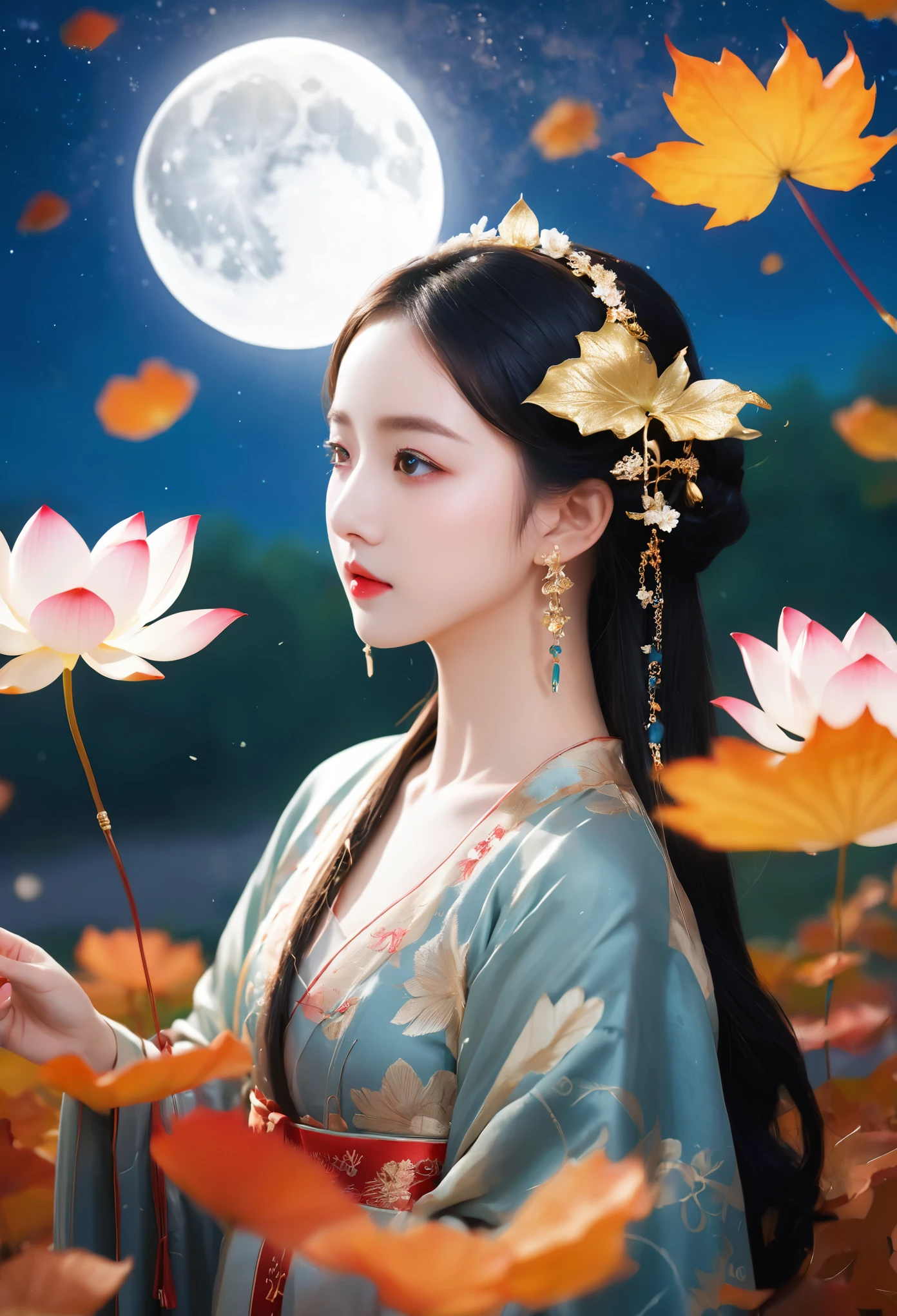 (masterpiece, best quality:1.2), full moon,Normal size moon,moonlight,1girl,Girl's posture,black hair,cloud,dress,earrings,falling leaves,falling petals,flower,ginkgo leaf,Duo Lianhua Lian Ye,Close range,Looking at the camera,Headwear,Diagonal body,upper body,above buttocks,Holding a lotus flower in both hands,night,hanfu,holding,jewelry,leaf,leaves in wind,lips,maple leaf,night sky,outdoors,petals,rose petals,sky,solo,water,hand,glow,Hazy light,Floodlight,Light effects,Optical particle,Luminous,High brightness contrast,XCYP Lady Hand,