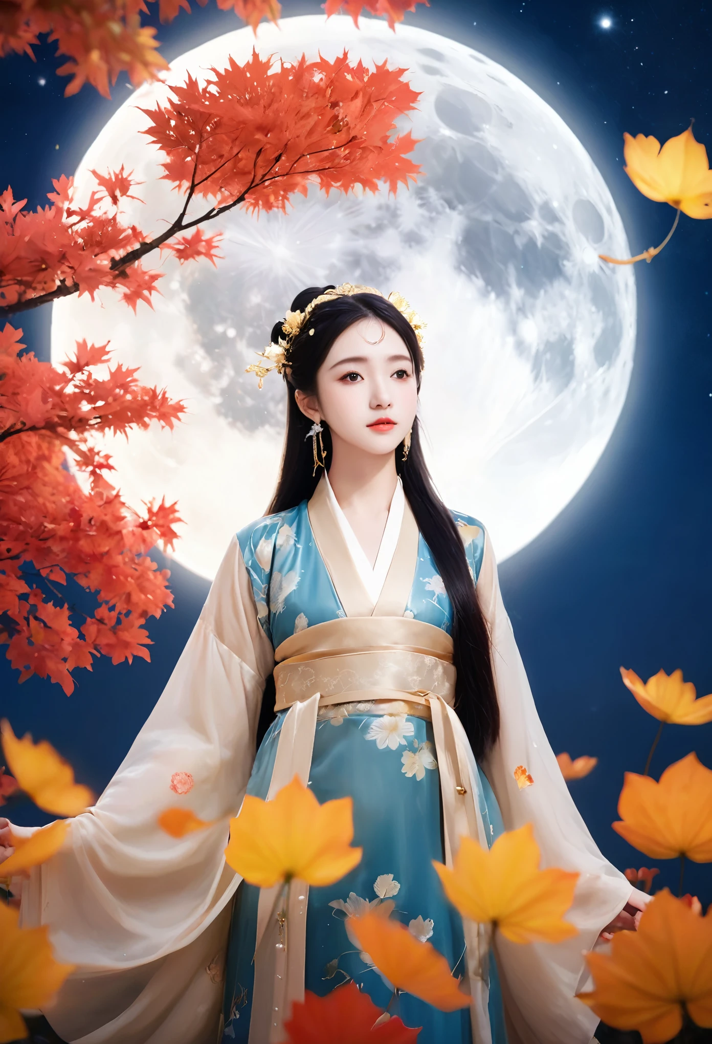 (masterpiece, best quality:1.2), full moon,Normal size moon,moonlight,1girl,Girl's posture,black hair,cloud,dress,earrings,falling leaves,falling petals,flower,ginkgo leaf,Duo Lianhua Lian Ye,Close range,Looking at the camera,Headwear,Diagonal body,upper body,above buttocks,Holding a lotus flower in both hands,night,hanfu,holding,jewelry,leaf,leaves in wind,lips,maple leaf,night sky,outdoors,petals,rose petals,sky,solo,water,hand,glow,Hazy light,Floodlight,Light effects,Optical particle,Luminous,High brightness contrast,XCYP Lady Hand,