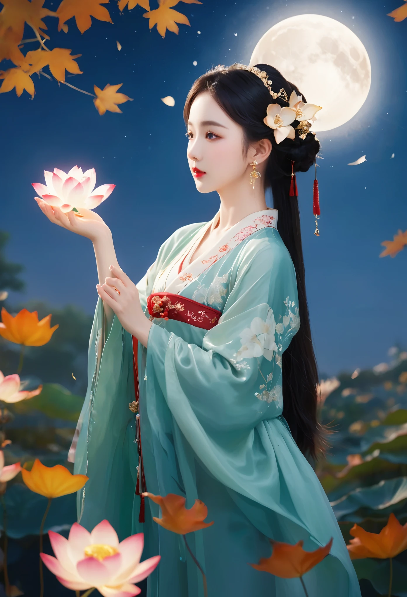 (masterpiece, best quality:1.2), full moon,Normal size moon,moonlight,1girl,Girl's posture,black hair,cloud,dress,earrings,falling leaves,falling petals,flower,ginkgo leaf,Duo Lianhua Lian Ye,Close range,Looking at the camera,Headwear,Diagonal body,upper body,above buttocks,Holding a lotus flower in both hands,night,hanfu,holding,jewelry,leaf,leaves in wind,lips,maple leaf,night sky,outdoors,petals,rose petals,sky,solo,water,hand,glow,Hazy light,Floodlight,Light effects,Optical particle,Luminous,High brightness contrast,XCYP Lady Hand,