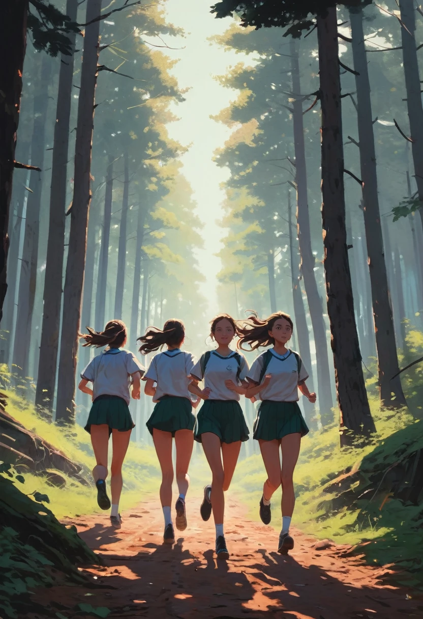Animation of high school girls running through the forest, Alena Aenami, Highest quality, masterpiece, Representative works, Official Art, Professional, Super intricate details, 8k