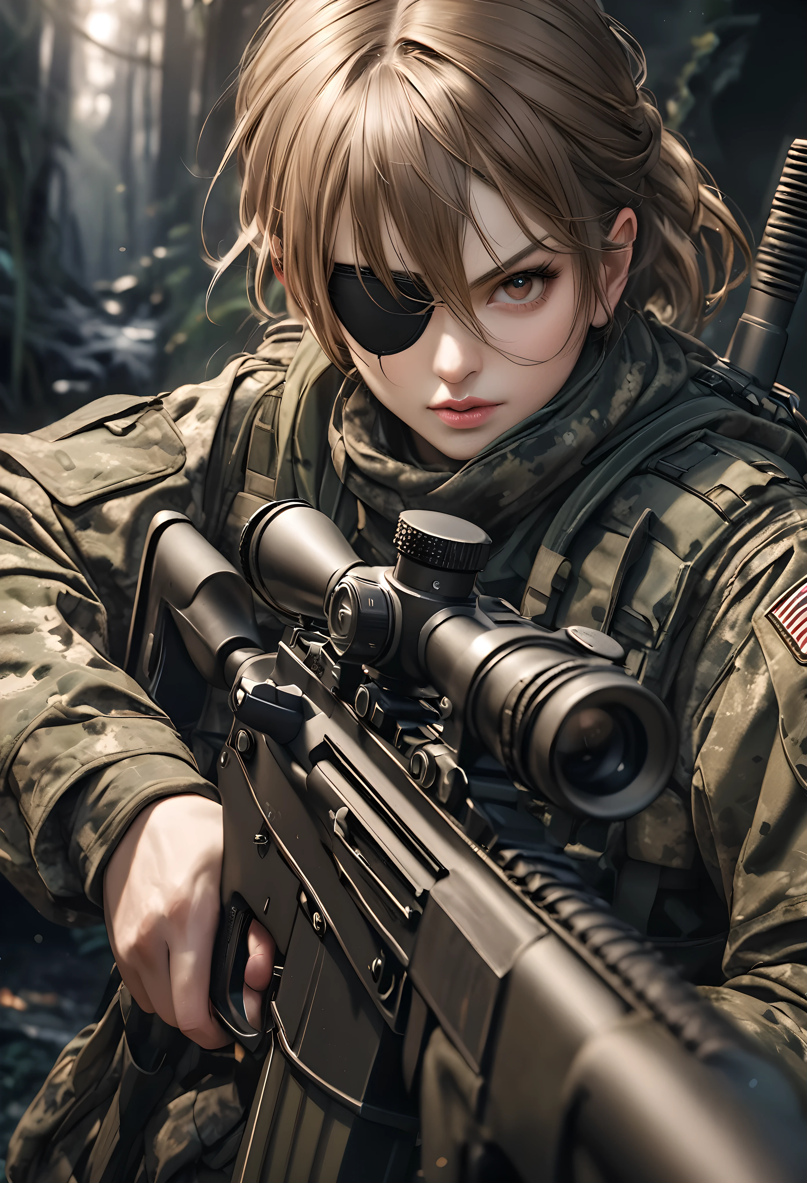 Transparent Full color, Photo style, Realistic Photographic Images,
BREAK Military officer fires at viewers, Deep incision scar on one eye,
BREAK (Eye patch:1.3), Detailed matte leather texture, (Dark brown:1.2), soldier, Combat Uniform, camouflage,
BREAK Holding a high-powered rifle, Shooting stance, Combat Ready,
BREAK: Sniping at viewers, Explosive Shooting, Face the viewer, The approaching gun,
A jungle on fire, Camouflage clothing that blends into the jungle,
BREAK Powerful shooting stance, Dynamic and bold composition,
BREAK Ultra-realism, Detailed and realistic skin texture, Detailed and intricate texture, Detailed and intricate brushwork, Detailed and clear depiction, Anatomically correct, Absurd aesthetics,
BREAK Dramatic Cinematic Lighting,
BREAK Glaring at the viewers, Dynamic shot, (eye level shot),
BREAK Re-drawing into a clear and vivid work, highest quality render, Highest quality, Highest Resolution,
Transparent Full color, Photo style, Realistic Photographic Images,