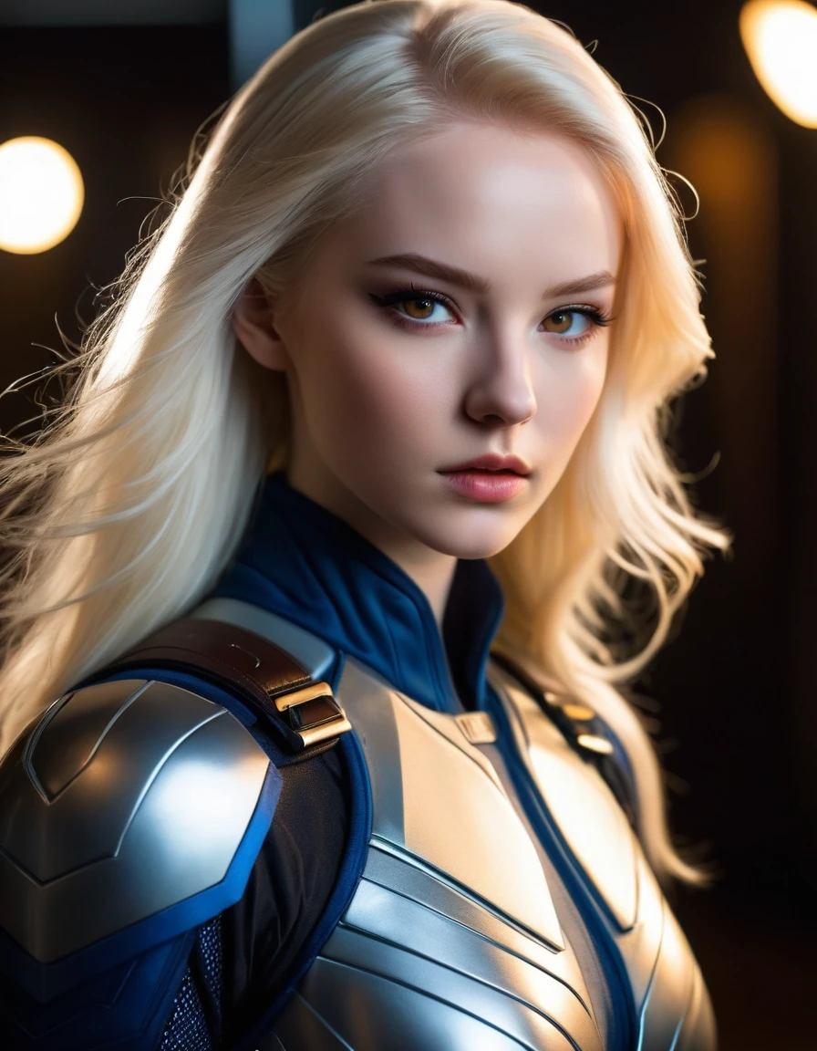 very attractive 25 year old girl with long platinum blonde hair, photorealistic Realism 8K, 16K, Quality: (Hyper absurd quality, extremely detailed detail, hyper resolution, clear sharp focus, not blurry, Realistic brown_eyes), ((perfect dark_eyeshadows:1.45)), (super Detailed, beautiful little nose:1.2), (perfect composition), (sue storm Cosplay), incredibly similar to the original outfit from the fantastic 4 movie, dynamic stance, face focused on the target in the distance, ready to fight, (full body shot), (close up of her face), beautiful cheekbones, double eyelids, dslr, best high quality soft lighting, sharp focus captured by Fujifilm XT3, f 5.6, in a dramatic lighting, ((perfect composition)), ((pale skin)), ((dry skin))