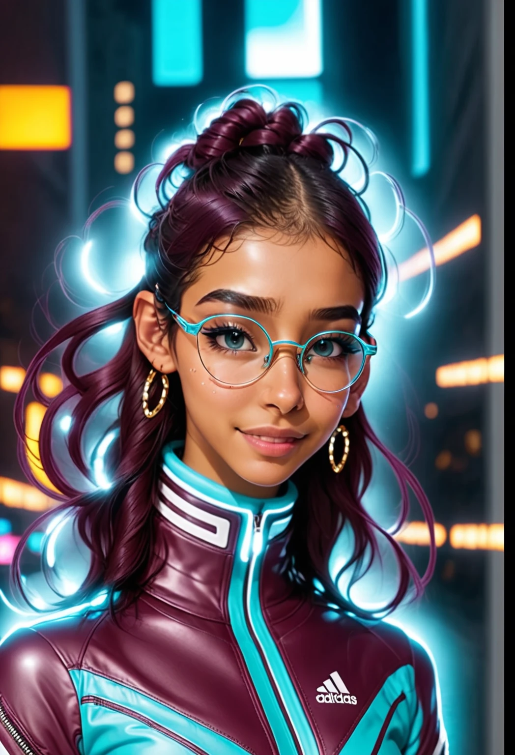 She is at a disco with colorful lights reflecting on her skin. She's a cute 23-year-old Latina with a button nose and straight hair parted in the middle. She's wearing 1980s hip hop clothing, including a maroon leather jacket with many silver, angled and shiny zippers. She also has futuristic tech glasses and glowing earrings. In the background, there's a cityscape. She's wearing an Adidas maroon turtleneck with aqua blue stripes and is posing from the waist up, looking away from the camera and smiling, showing her freckles and a separate buck teeth.