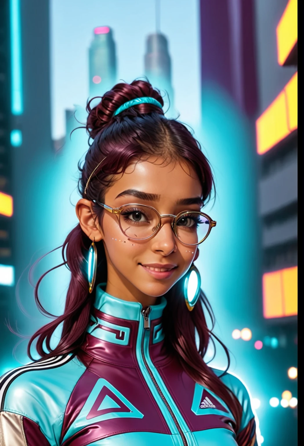 She is at a disco with colorful lights reflecting on her skin. She's a cute 23-year-old Latina with a button nose and straight hair parted in the middle. She's wearing 1980s hip hop clothing, including a maroon leather jacket with many silver, angled and shiny zippers. She also has futuristic tech glasses and glowing earrings. In the background, there's a cityscape. She's wearing an Adidas maroon turtleneck with aqua blue stripes and is posing from the waist up, looking away from the camera and smiling, showing her freckles and a separate buck teeth.
 