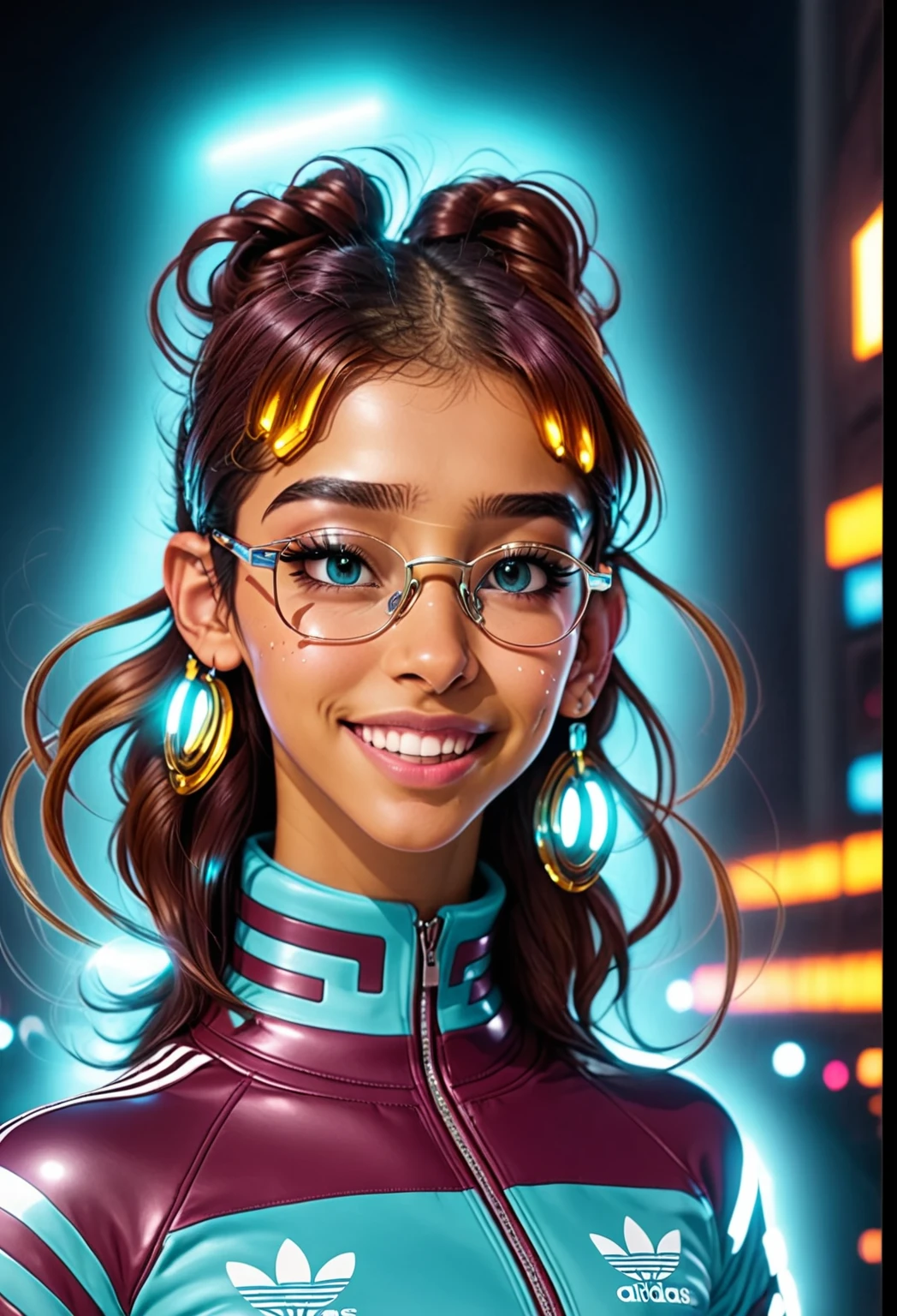 She is at a disco with colorful lights reflecting on her skin. She's a cute 23-year-old Latina with a button nose and straight hair parted in the middle. She's wearing 1980s hip hop clothing, including a maroon leather jacket with many silver, angled and shiny zippers. She also has futuristic tech glasses and glowing earrings. In the background, there's a cityscape. She's wearing an Adidas maroon turtleneck with aqua blue stripes and is posing from the waist up, looking away from the camera and smiling, showing her freckles and a separate buck teeth.
 