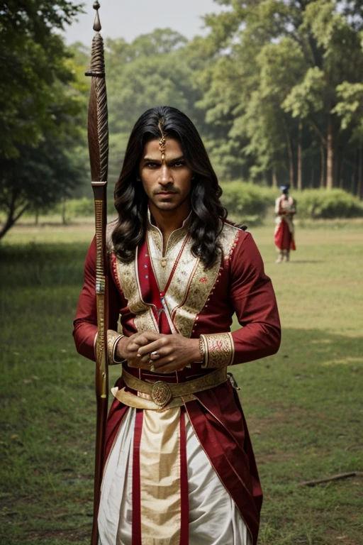 There is a prince who is in Indian attire. The prince is holding a bow and arrow in his hand and is preparing to shoot the arrow. He is standing in the battlefield. A man and a woman are trying to understand him. His clothes are completely ancient Indian historical.