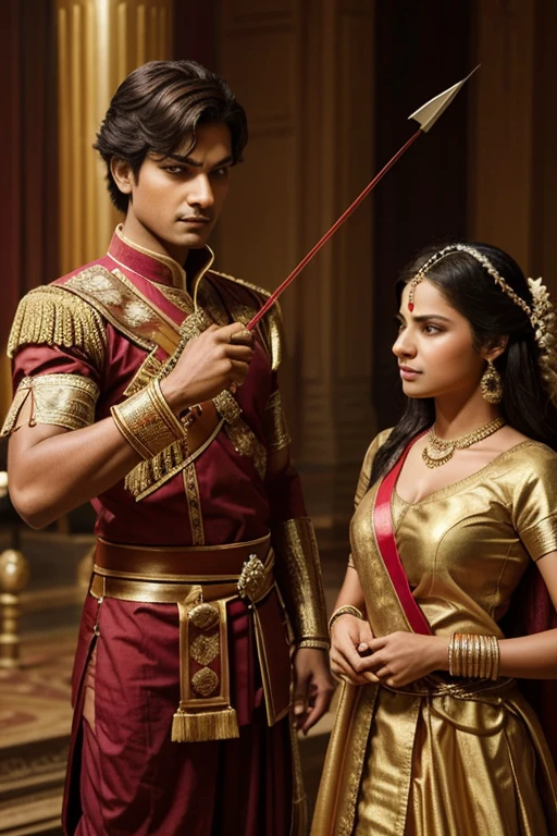 There is a prince who is in Indian attire. The prince is holding a bow and arrow in his hand and is preparing to shoot the arrow. He is standing in the battlefield. A man and a woman are trying to understand him. His clothes are completely ancient Indian historical.
