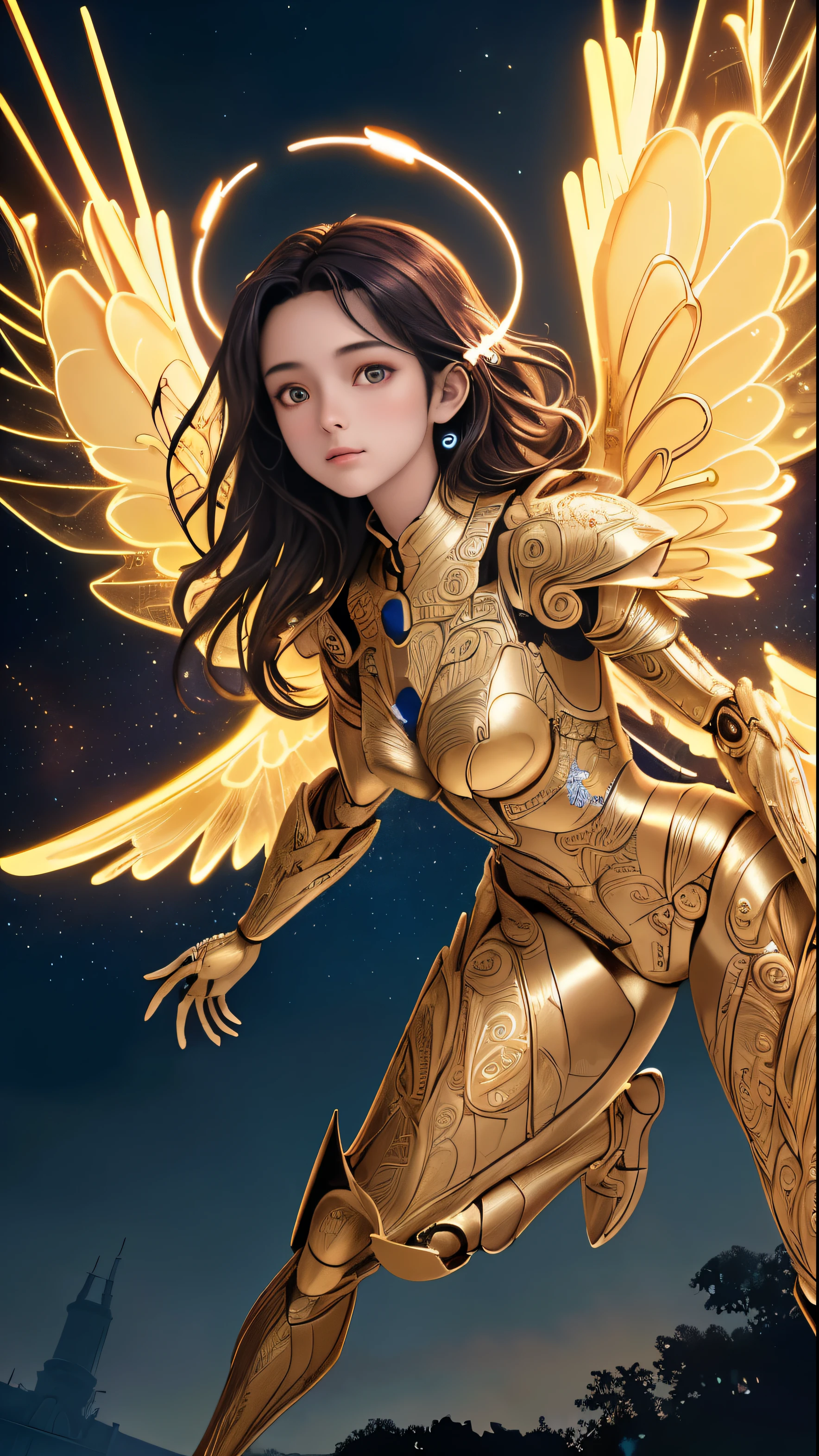 (best quality, masterpiece, colorful, dynamic angle, highest detailed)upper body photo, full body photo, fashion photography of cute mechangel, glowing 4 wings, solo, glowing armor, glowing halo, building, glowing mechanical 4 wings (intricate details, hyperdetailed:1.15), detailed, light passing through hair, dark colored hair, (official art, extreme detailed, highest detailed), HDR+