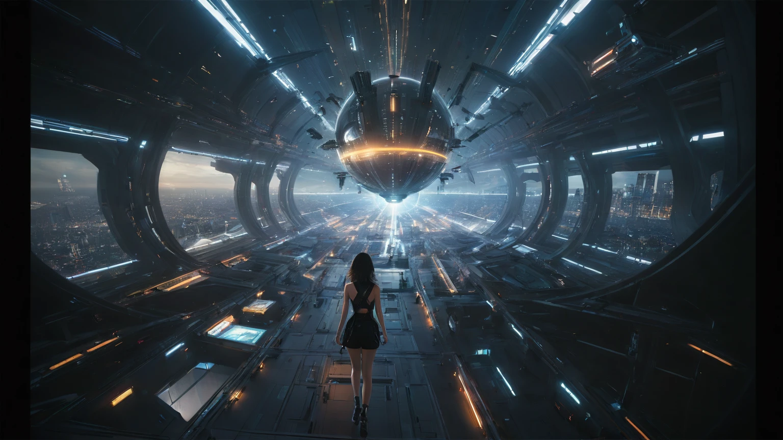 brightly colored abstract image of a space station with a spiral, epic beautiful space scifi, chaotic cinematic space rift, greg beeple, (((((flying cars, 1drone))))), planets colliding, beeple and tim hildebrandt, beeple and jean giraud, end of the universe, galaxy space sci-fi, ringworld, by Mike "Beeple" Winkelmann. Matrix style, (((((Matrix cascading code))))), (((((a futuristic twin tower skyscraper with a unique twisted design))))), (((((OLED GUI interfaces in the building))))), at night, (((((1girl, solo))))), photo realistic, (((large-breast:1.2 slim body, cleavage))), (((off broken mini sling-shirt and black sling bra, extreamly short pleated miniskirt exposing panty))), (((((running pose))))), (((((((matrix style black micro sunglasses))))))), ((((((((((aiming with a short gun)))))))))), (((((looking at camera))))), (((very low view))), (((((half-body thigh level medium shot))))), (((cinematic lighting))).