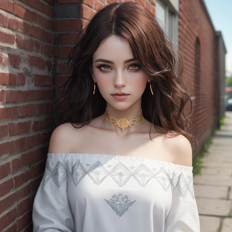 ultra realistic 8k cg, masterpiece, ((ultra detailed background, delicate pattern, intricate detail)), best quality, intricate details, chromatic aberration, 1girl, long hair, golden hair, messy hair, red highlights, hair over one eye, sharp eyes, choker, brick wall, graffiti, dim lighting, alley, oversized shirt,off shoulder, see through white shirt, Masterpiece, best quality