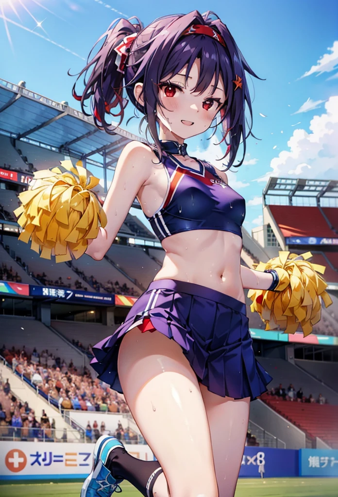 yuukikonno, yuuki konno, hair band, Long Hair, Pointed Ears, Purple Hair, (Red eyes:1.5), (Small breasts:1.2), Open your mouth wide,(Very delicate eyes), (cheer leading), (whole body),smile,blush,Lower, (Sweaty), Sweaty Wet Clothes, (Purple clothes), Pleated skirt,Black socks,sneakers,Belly-baring support, playground, (Jump), (Jump), 足を曲げてJumpする, air, blue sky, Grass原, smile,Cheerleader, Pom-pom \(cheer leading\), Grass, smile,
break looking at viewer, whole body,(Cowboy Shot:1. 5) ,
break outdoors, Stadium,crowd, people々々,
break (masterpiece:1.2), Highest quality, High resolution, unity 8k wallpaper, (figure:0.8), (Beautiful attention to detail:1.6), Highly detailed face, Perfect lighting, Highly detailed CG, (Perfect hands, Perfect Anatomy),