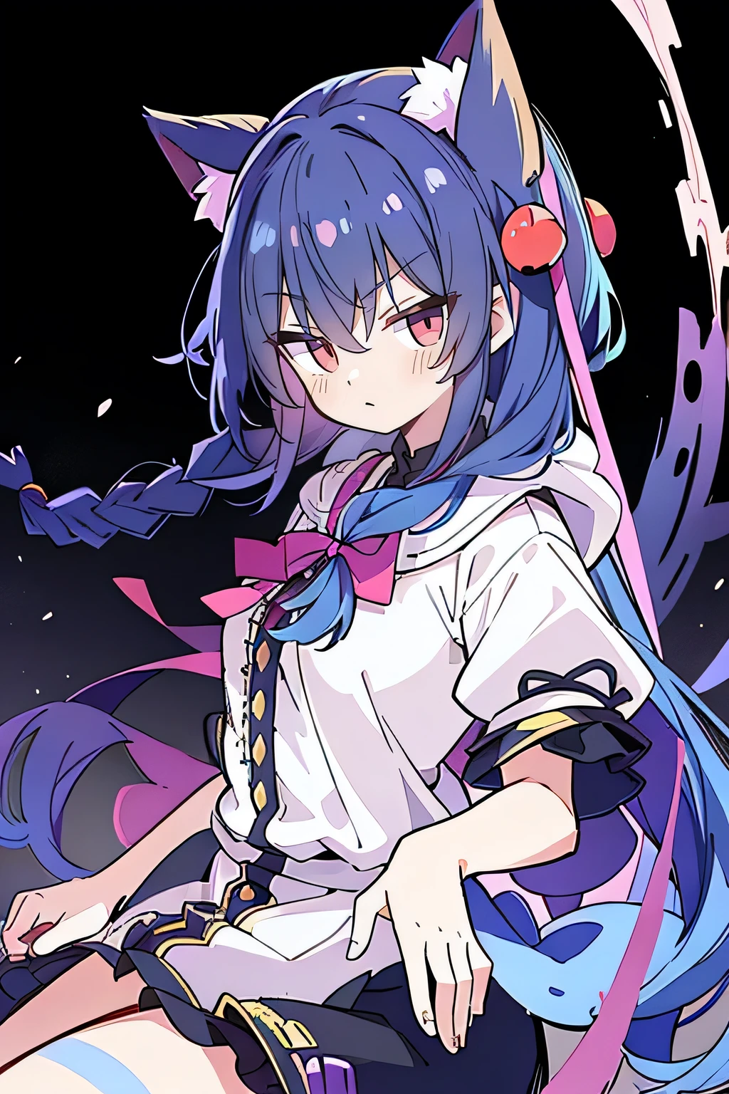 (masterpiece:1.2),Super detailed,lifelike,Expressive eyes,fair skin,perfect face shape,1 girl,
Japanese comics,Gorgeous blue hair,flowing blue hair,flowing clothes,Cat ears,Petals fall,beautiful lola,Baby Angel,
Shaking head with one hand,Cross your legs,Gentle and peaceful background,The pavilion is cool and comfortable,smile, wearing hoodie, background of tokyo,back views,snowing, winter,lie on the water.(Best Quality: 1.3), (Masterpiece: 1.3), (Illustration: 1.3), (Ultra Detailed: 1.3), (Imide Lens: 0.9), 1girl, Medium Breasts, Purple Eyes, ((Dark Blue Hair) ), hair accessories, young, clothing-gladiia, long hair, dark blue hair, indoors, black shorts, high socks, low ponytail, expressionless, upper body, close-up, coat, skirt,fgo style,like \(destiny\), like Adult, hair length, underwear, masterpiece, Top quality, 1 Girl, looking at the audience,(((braid)))、shameful face、Embarrassed face、Long body、huge 、