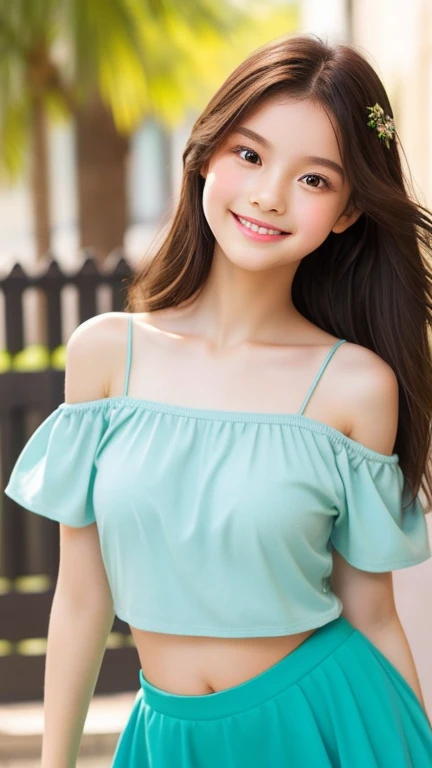 , 1 Girl,, Off the shoulder, smile, Summer Afternoon、Tank top、Extremely short skirt、healthy、Active、Play、Vibrant、Round face、slender、素敵なsmile、Delicate skin type、Looking up、Thick lips、Slit eyes、Slanted Eyes