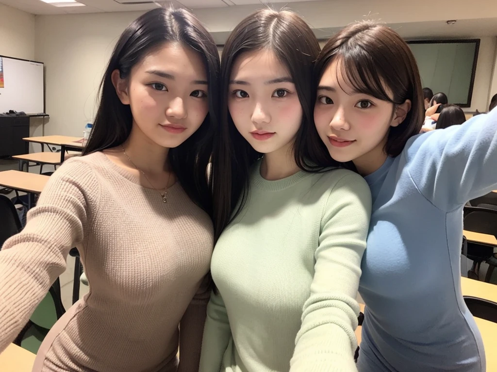 Indonesian girl -yeld Hstyle Casual, F Cup Breasts wearing crewneck dress and selfie with her friend at class