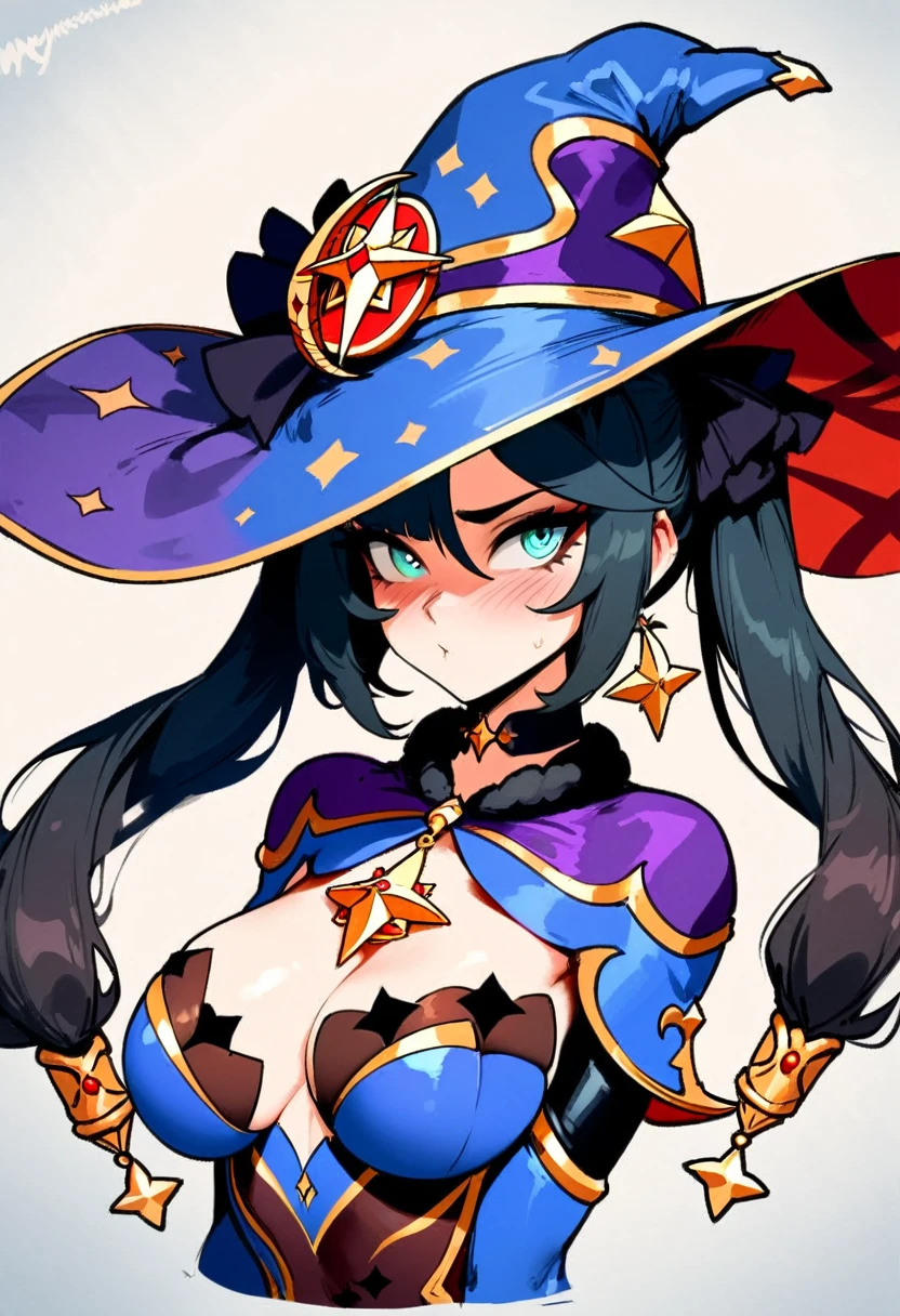 1girl, mona \(genshin impact\), genshin impact \\\\\ masterpiece, best quality, very aesthetic, absurdres, newest \\\\\\ slim body,///// ,by nyantcha,cutesexyrobutts , by khyle,,////// ,,solo,, , ,,detailed face, , ,, , , wallpaper, , beautiful face, sexy, , blush, , space background, big tits, hat, portrait