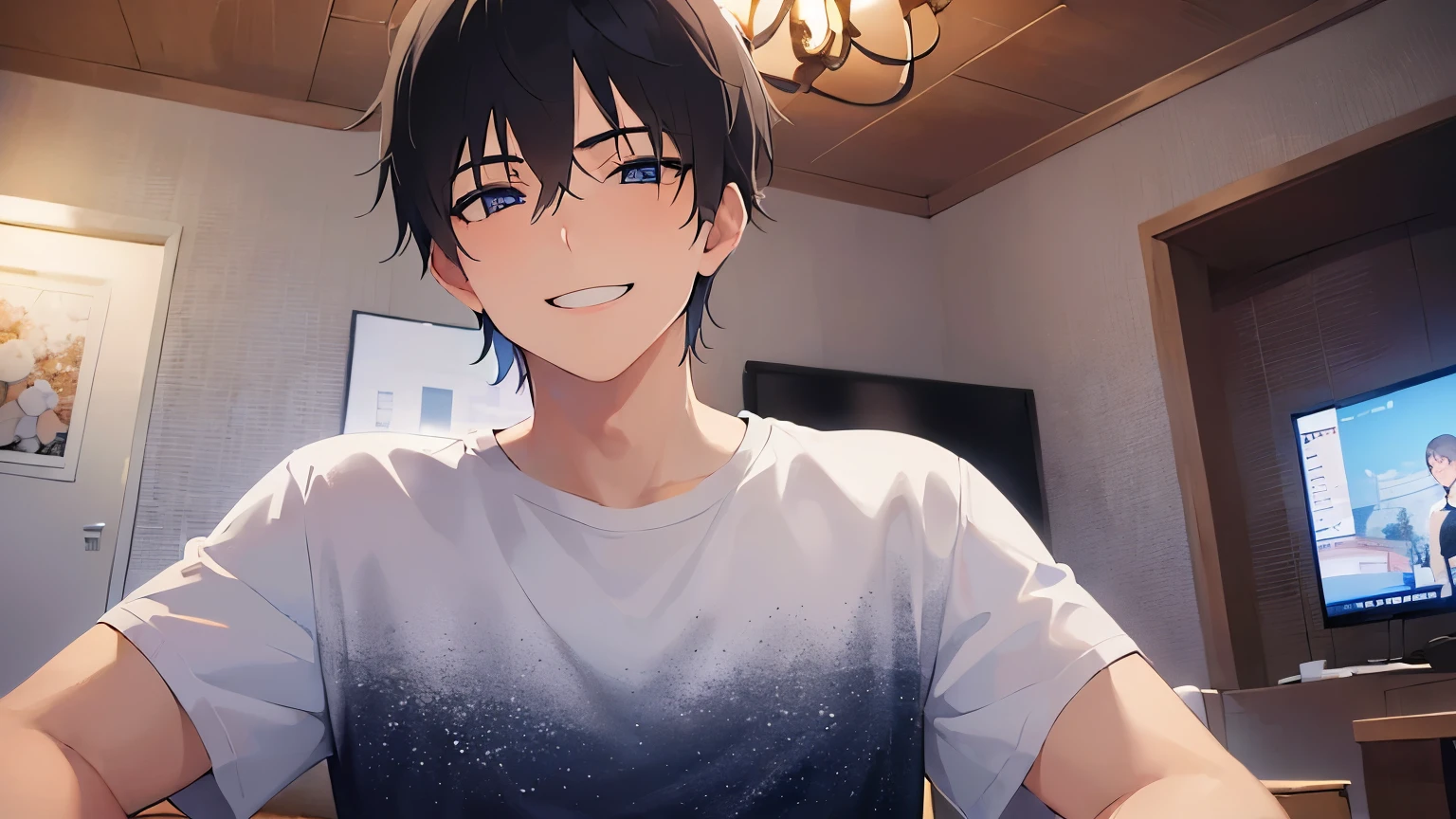 (25-year-old male:1.5) and (black short hair) and (blue eyes), looking at viewer, side angle, upper body、masterpiece、Highest quality、BREAK (white T shirt)、(smile:1.5), The background is the living room at night、alone