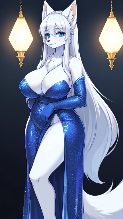 best quality, best resolution, (fluffy anthro furry), arctic fox girl, silver hair, blue eyes, (white fur), long straight hair, big breast, sophisticated manner, (blue glitter long dress with side slit), standing, fancy party, yellow lighting