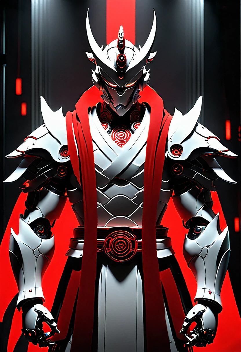 In a dimly lit laboratory, a towering figure emerges from the shadows. A white samurai cyborg stands tall, his exobone at his back, white titanium armor glistening in the faint light. A crimson scarf wraps around his neck, a fiery splash of color in the otherwise monochromatic scene. The air is heavy with anticipation as the cyborg's gaze pierces through the darkness.