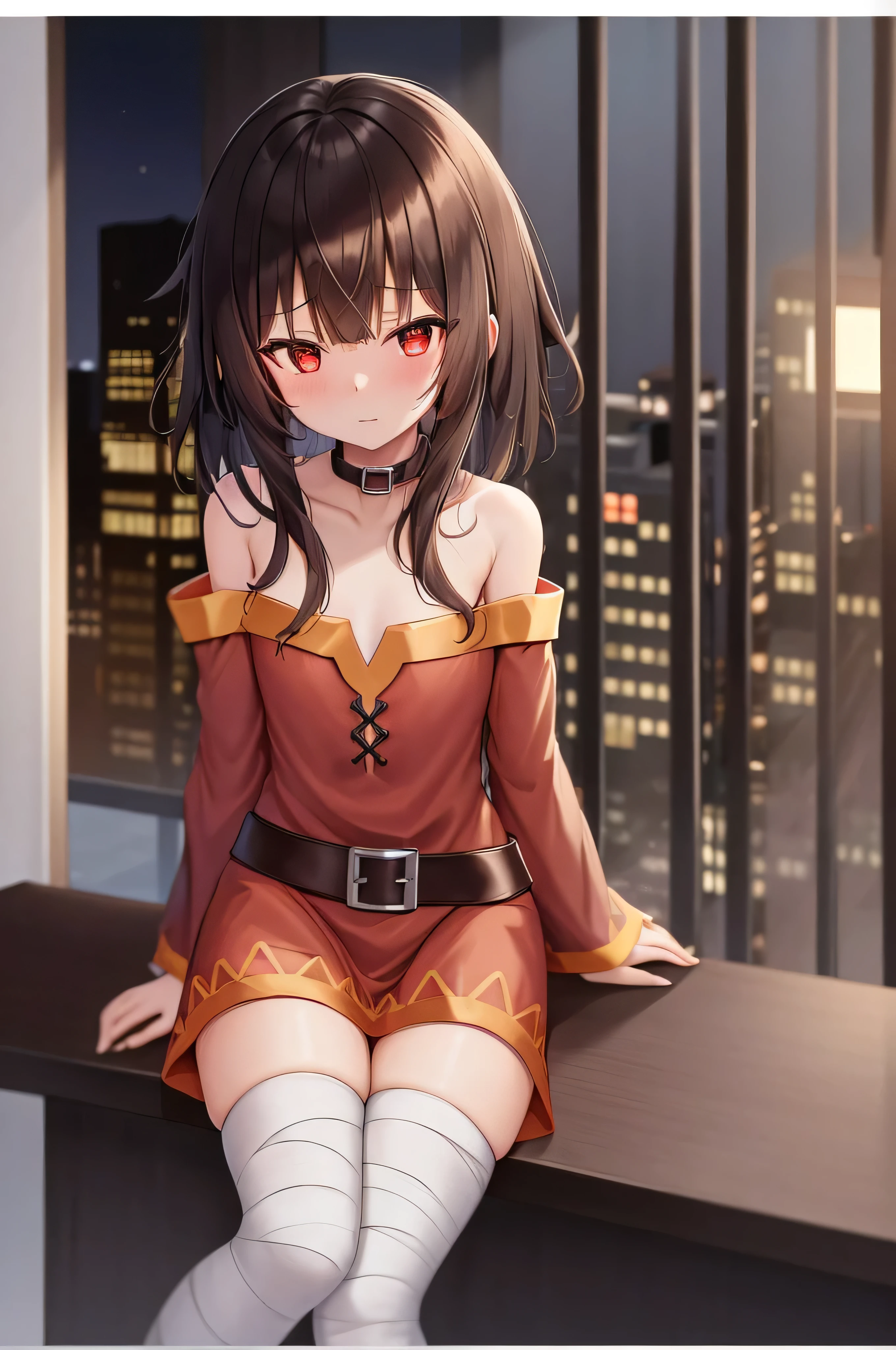 Megumin, One girl,alone,Short and long hair,Brown Hair,Red Eyes,Small breasts,clavicle,Red dress,Gold border,Black choker,Bandage on leg,Hotel Rooms,Night view of skyscrapers,Orange lighting,