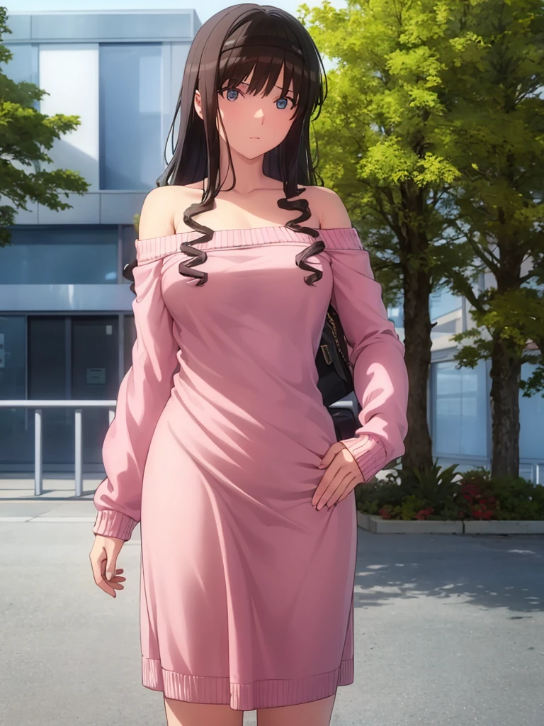 A woman wearing a revealing pink sweater dress with a chain around her neck and off-the-shoulder sleeves. The dress is short and tight, and she is looking at the camera with a seductive expression. Anime, soft, pastel colors.