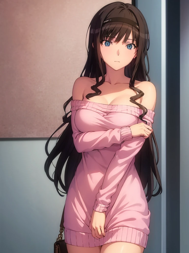 A woman wearing a revealing pink sweater dress with a chain around her neck and off-the-shoulder sleeves. The dress is short and tight, and she is looking at the camera with a seductive expression. Anime, soft, pastel colors.