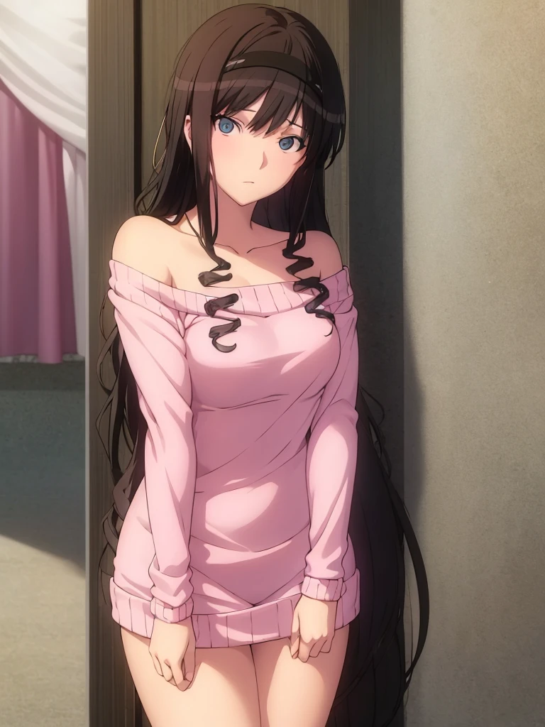 A woman wearing a revealing pink sweater dress with a chain around her neck and off-the-shoulder sleeves. The dress is short and tight, and she is looking at the camera with a seductive expression. Anime, soft, pastel colors.