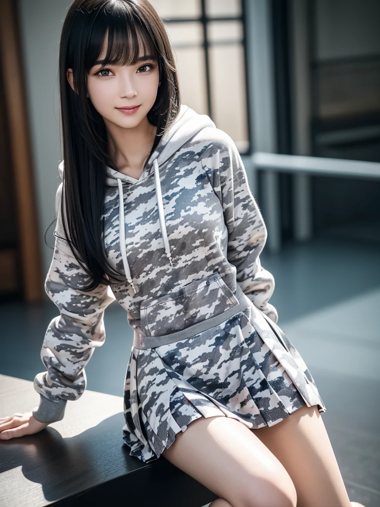 (8k, RAW Photos, Highest quality, Tabletop:1.2), (Realistic, Photorealistic:1.4), (Highly detailed 8K wallpapers), Sharp focus, Depth of written boundary, Blur the background, Bokeh, Cinema Lighting, Soft Light, (whole body), 1 girl,18 years old famous Japanese idol, Perfect female body, indoor, (White and grey camouflage hoodie and black micro mini pleated skirt : 1.3), (Long, slender legs), (smile), Glossy lips, Beautiful fine details,Natural Makeup, Shiny, smooth, medium-long black hair, Asymmetrical bangs, Shiny skin, Center image, High resolution, Attention to detail, Detailed hairstyle, Detailed face, 素晴らしいCinema Lighting, Octane Rendering, Vibrant, Ultra-realistic, Perfect limbs, Perfect Anatomy