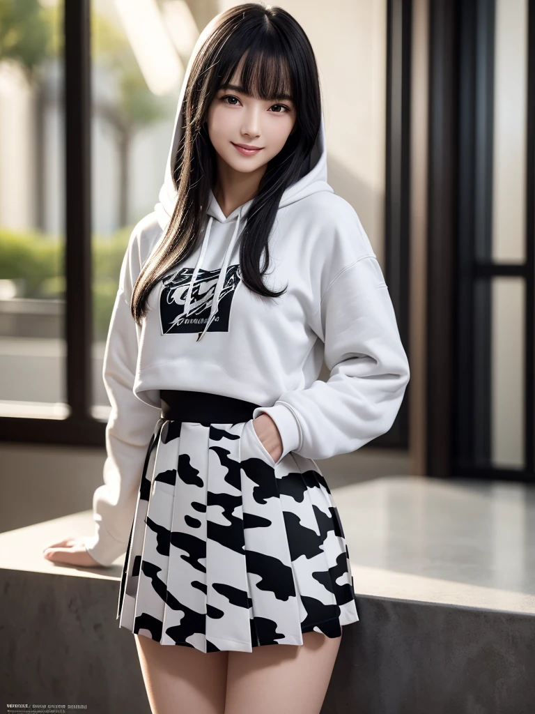(8k, RAW Photos, Highest quality, Tabletop:1.2), (Realistic, Photorealistic:1.4), (Highly detailed 8K wallpapers), Sharp focus, Depth of written boundary, Blur the background, Bokeh, Cinema Lighting, Soft Light, (whole body), 1 girl,18 years old famous Japanese idol, Perfect female body, indoor, (White and grey camouflage hoodie and black micro mini pleated skirt : 1.3), (Long, slender legs), (smile), Glossy lips, Beautiful fine details,Natural Makeup, Shiny, smooth, medium-long black hair, Asymmetrical bangs, Shiny skin, Center image, High resolution, Attention to detail, Detailed hairstyle, Detailed face, 素晴らしいCinema Lighting, Octane Rendering, Vibrant, Ultra-realistic, Perfect limbs, Perfect Anatomy