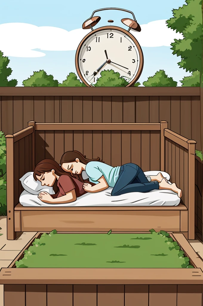 Create a cartoon image of a raised bed with people sleeping and a loud alarm clock.