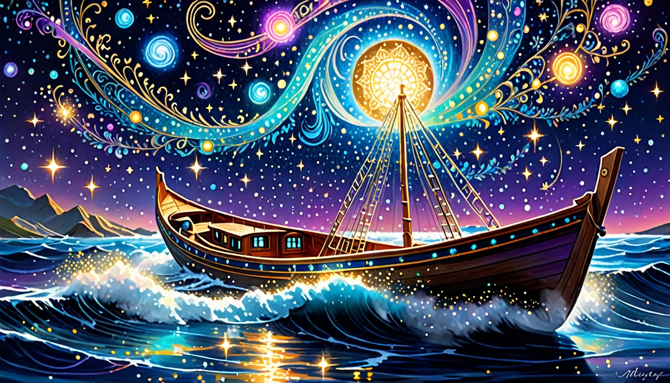 Whirling through the vast cosmos, the bedazzling enchanted starry skiff navigates the celestial sea, adorned with shimmering constellations and sparkling cosmic dust. The image, a digital painting, captures the skiff in all its ethereal glory, with vivid colors and intricate details that allow viewers to almost feel the magic emanating from the scene. Every inch of the skiff is covered in intricate patterns and glowing crystals, creating a truly mesmerizing sight. The artist's skill in portraying the celestial vessel shines through, making it a truly enchanting visual experience.