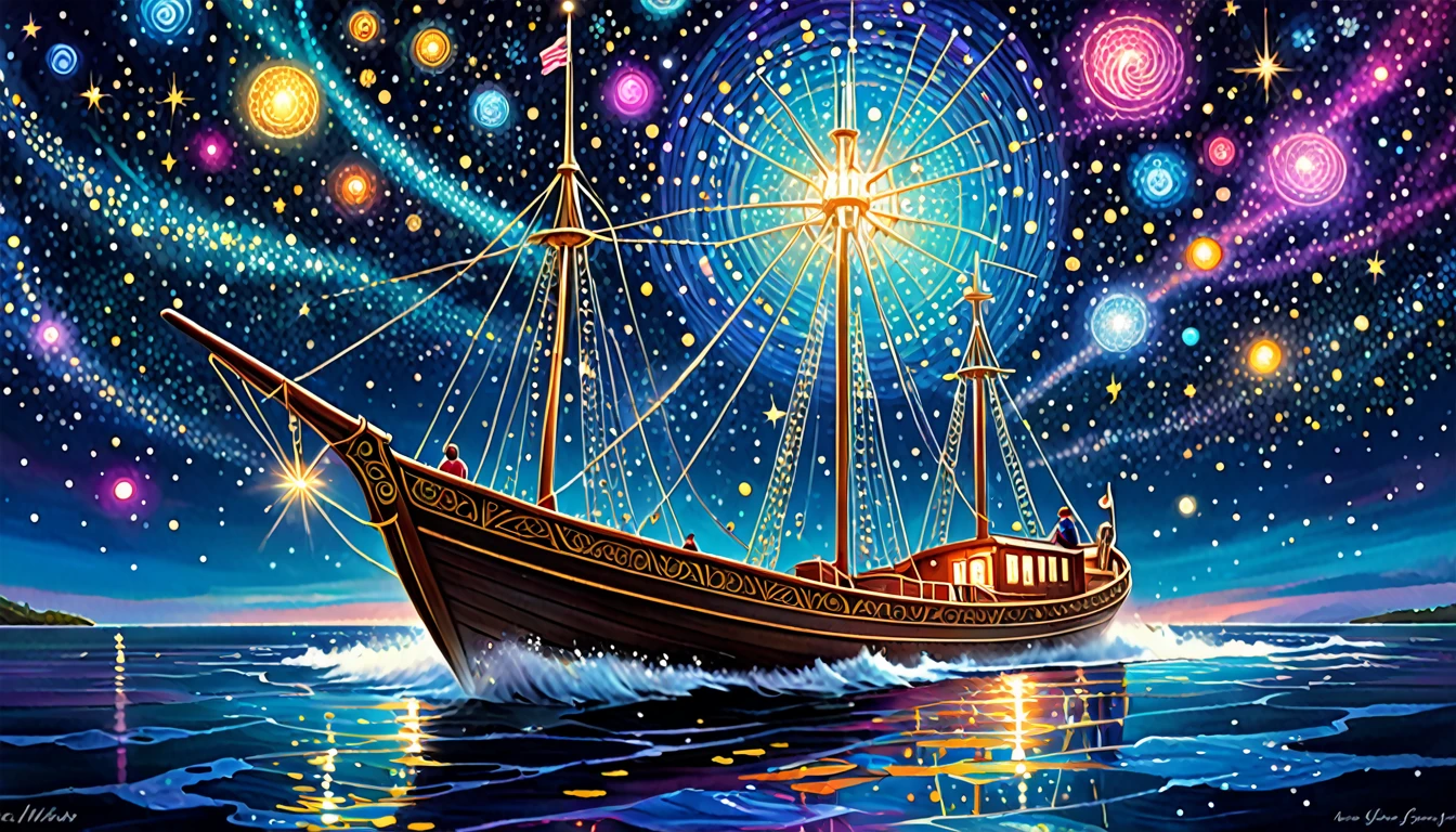 Whirling through the vast cosmos, the bedazzling enchanted starry skiff navigates the celestial sea, adorned with shimmering constellations and sparkling cosmic dust. The image, a digital painting, captures the skiff in all its ethereal glory, with vivid colors and intricate details that allow viewers to almost feel the magic emanating from the scene. Every inch of the skiff is covered in intricate patterns and glowing crystals, creating a truly mesmerizing sight. The artist's skill in portraying the celestial vessel shines through, making it a truly enchanting visual experience.