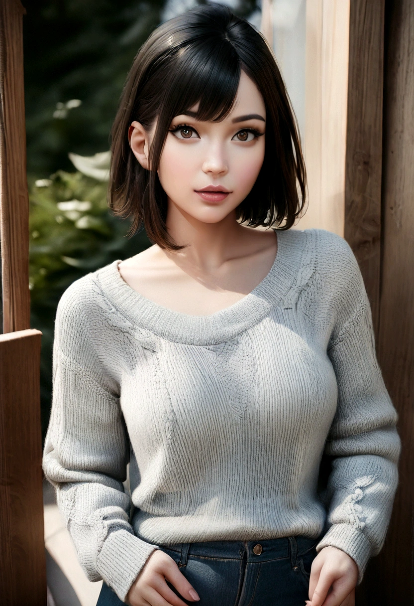 (masterpiece:1.3), (8k, photorealistic, RAW photo, best quality: 1.4), (1girl), beautiful face, (realistic face), (black hair, short hair:1.3), beautiful hairstyle, realistic eyes, beautiful detailed eyes, (realistic skin), beautiful skin, (sweater), absurdres, attractive, ultra high res, ultra realistic, highly detailed, golden ratio