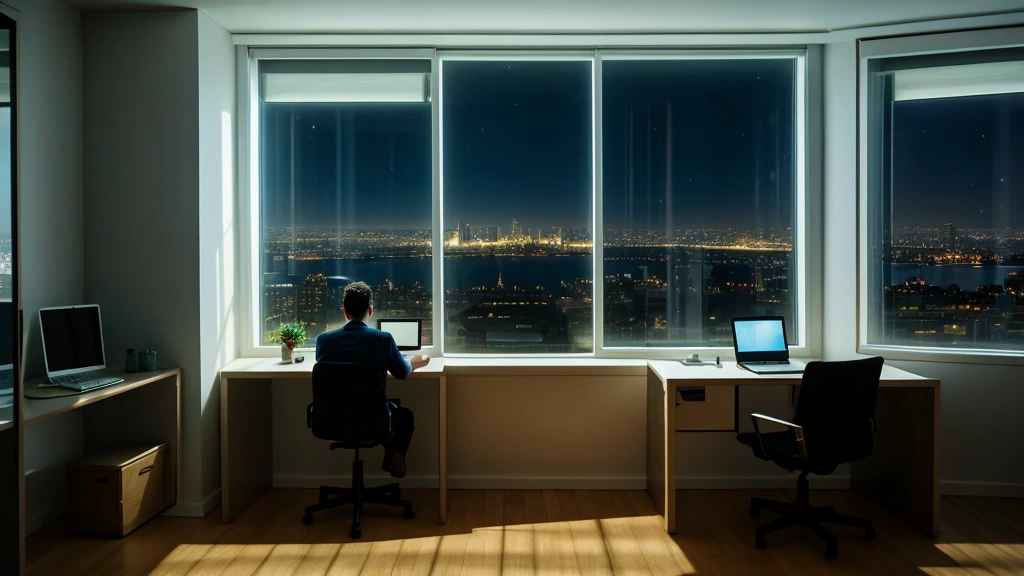 Small room with many things related to studying has a young man using a laptop, behind the glass window is a city at night, global illumination radiating a glowing aura global illumination ray tracing hdr render in unreal engine 5