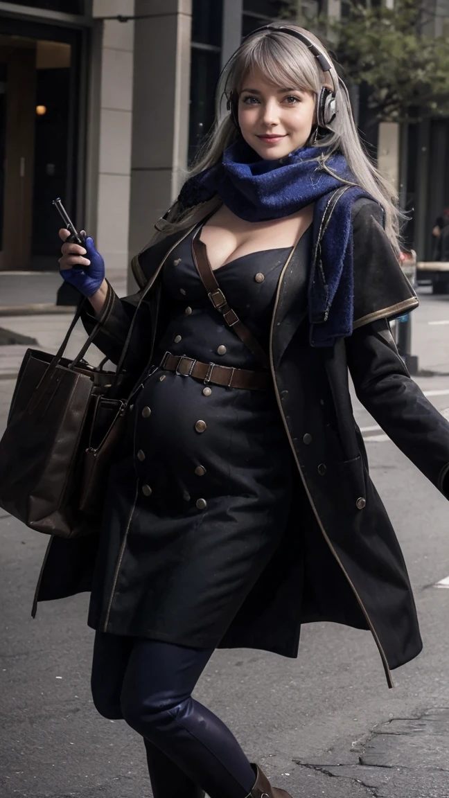 masterpiece, best quality, 1girl,  HD, 4K, solo, Bkornblume, headphones, solo, blue scarfs, coat, pussy, opened clothing, pregnancy, pregnant, exhibitionism, black dress, black gloves, grey hair, holding gun, black coat dress, long sleeves, gloves, blushing, naked, smile, full body, pouch, german face, boots, walks, tongues out, salivate, nude, NSFW, opened breasts, stasi spy, suburbs background, pantyhose, heels, holsters, buttons, knee, Street, Germany, breasts, blue stocking, nipples, topless, nude, big breasts, mommy, mama Bkornblume