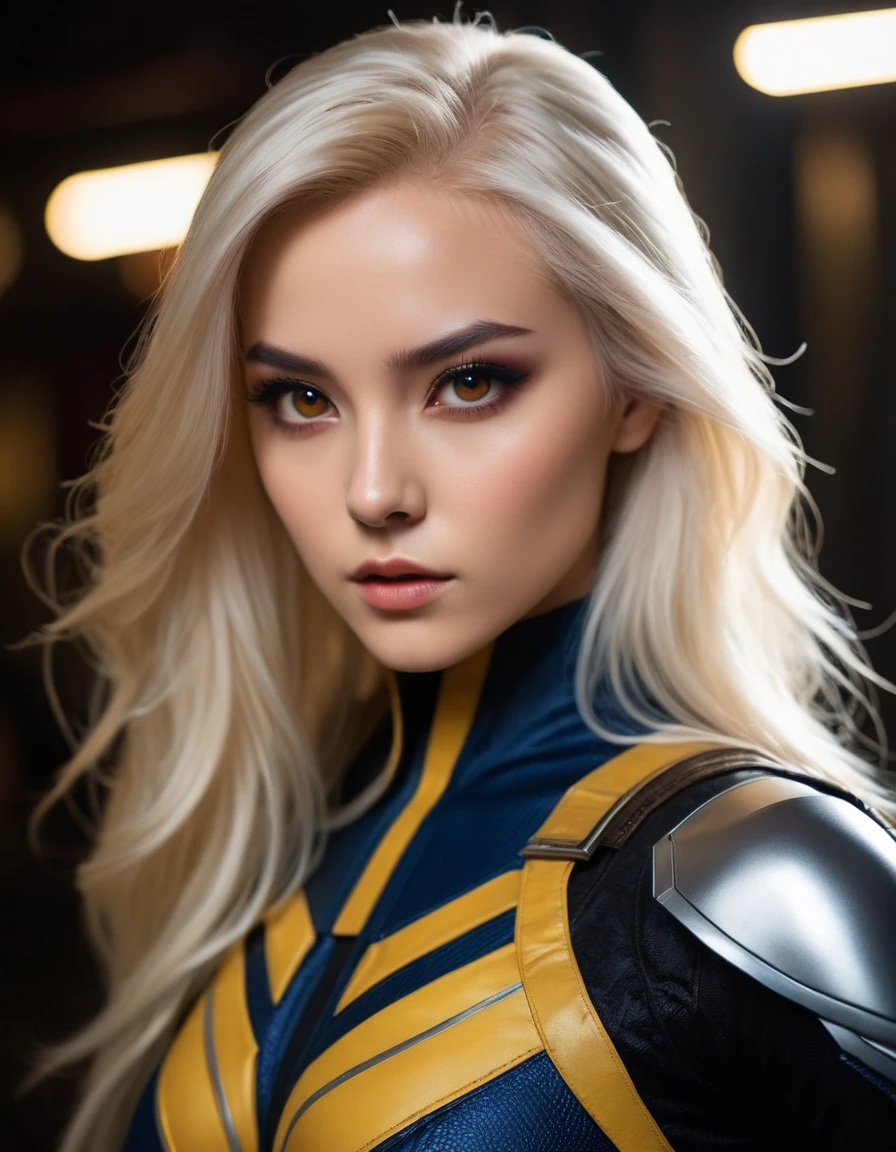 very attractive 25 year old girl with long platinum blonde hair, photorealistic Realism 8K, 16K, Quality: (Hyper absurd quality, extremely detailed detail, hyper resolution, clear sharp focus, not blurry, Realistic brown_eyes), ((perfect dark_eyeshadows:1.45)), (super Detailed, beautiful little nose:1.2), (perfect composition), (mystique Cosplay), incredibly similar to the original outfit from the xmen movie, dynamic stance, face focused on the target in the distance, ready to fight, (full body shot), (close up of her face), beautiful cheekbones, double eyelids, dslr, best high quality soft lighting, sharp focus captured by Fujifilm XT3, f 5.6, in a dramatic lighting, ((perfect composition)), ((pale skin)), ((dry skin))