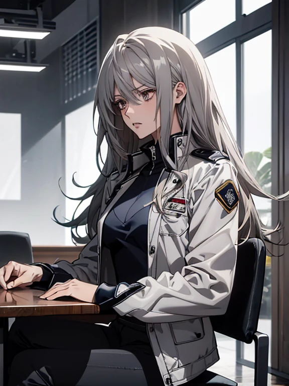 (Confused, High resolution, Very detailed), 1 female, Silver Hair,Long Hair,Reddish brown eyes,White and black pilot suit,Jacket,Navy blue skinny pants,24th generation,beauty,mature,thin,quiet,Calm,Sit at a conference room table,talk,Intimidation,Unpleasant,Annoying,白いロングJacket,