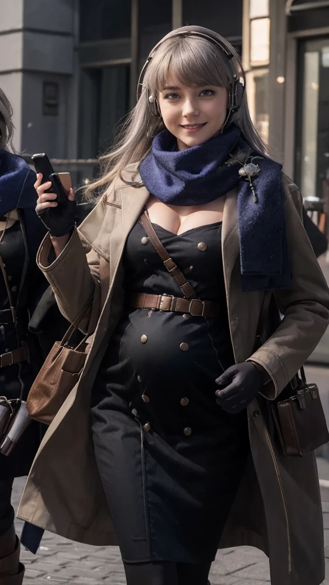 masterpiece, best quality, 1girl,  HD, 4K, solo, Bkornblume, headphones, solo, blue scarfs, coat, pussy, opened clothing, pregnancy, pregnant, exhibitionism, black dress, black gloves, grey hair, holding gun, black coat dress, long sleeves, gloves, blushing, naked, smile, full body, pouch, german face, boots, walks, tongues out, salivate, nude, NSFW, opened breasts, stasi spy, suburbs background, pantyhose, heels, holsters, buttons, knee, Street, Germany, breasts, blue stocking, nipples, topless, nude, big breasts, mommy, mama Bkornblume