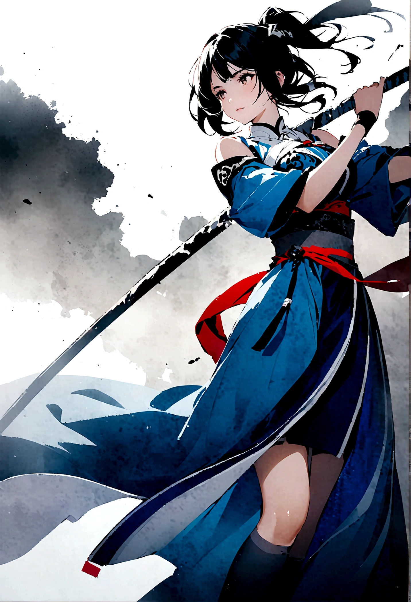 Artistic ink painting,Three-dimensional ink painting,Minimalism,Minimalist graphics,Minimal Art,Cold anime girl,whole body,Chinese style,antiquity,Ink Painting,Blue robe,Black long hair,Black and white background,古韵White Space,White Space,大面积White Space,Texture Matte,Low saturation,Minimalist composition,Master composition