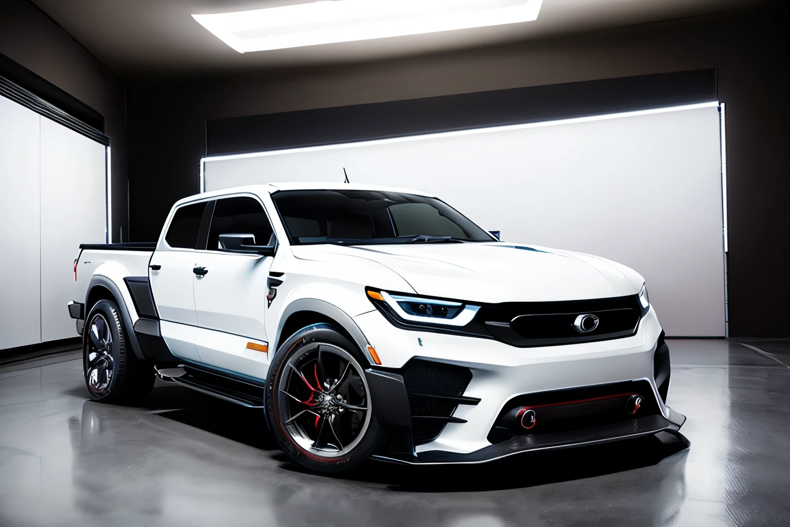 Create a concept image of a futuristic pickup truck in a professional photography studio. The vehicle should embody cutting-edge design elements, with a sleek, angular silhouette that suggests innovation and performance. highlighting the red color, Capture the truck from a dynamic angle that highlights its robust structure and advanced features, such as LED lighting, retractable loading cover, and smart cargo system. The lighting should be dramatic yet balanced, casting crisp shadows that define the truck's contours and emphasize the glossiness of its metallic paint job. The background should be a clean, neutral gray that complements the truck's color without competing for attention. Ensure the studio environment is evident, with subtle indications of the camera gear and equipment that convey a sense of professional craftsmanship.