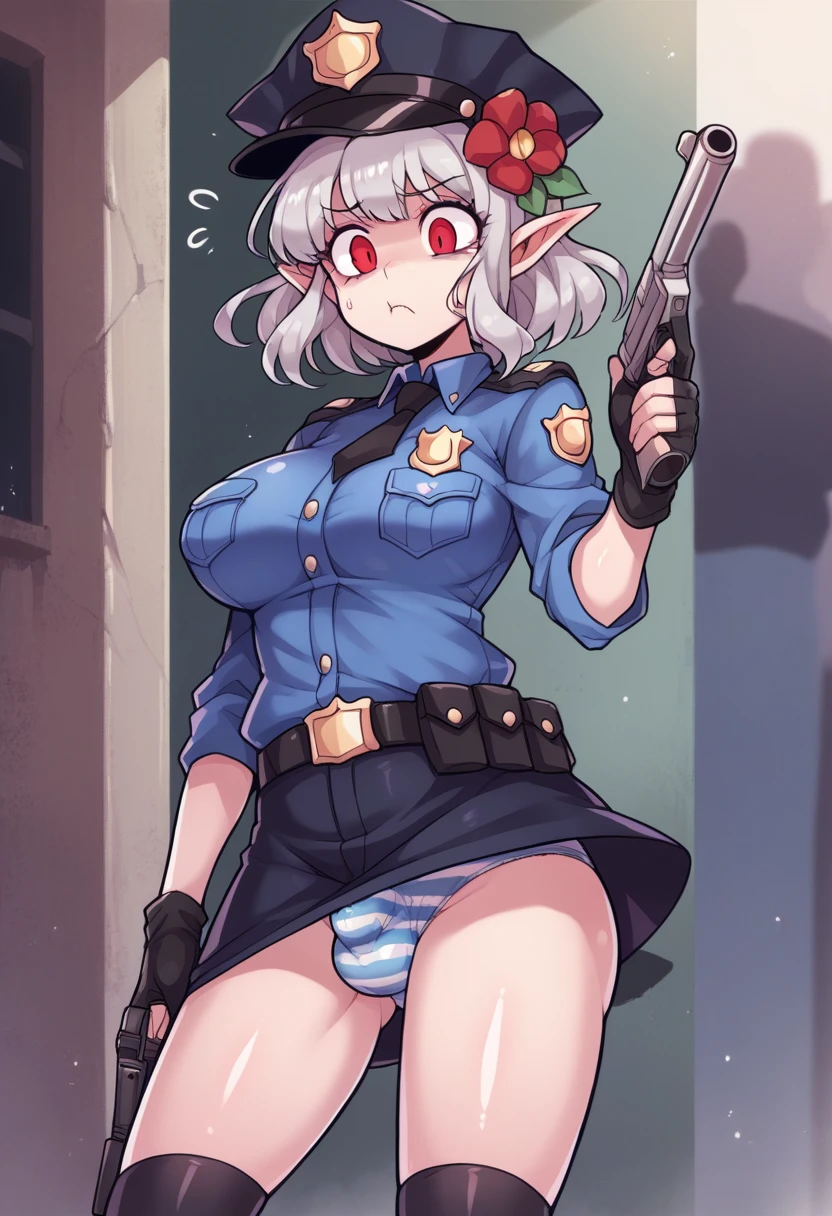 NSFW,((Perfect human body)),One girl, Red eyes, Wavy silver hair, Pointed Ears, vampire, Drooping eyes,Police uniform,Anxious expression,Police hat,skirt,Mobile Task Force Heavy Equipment,Big Breasts,Hair Flowers,Urban area,whole body,Character portrait,捲れ上がるskirt,Striped panties,bulge in the crotch,Possession of a gun,Stains on pants