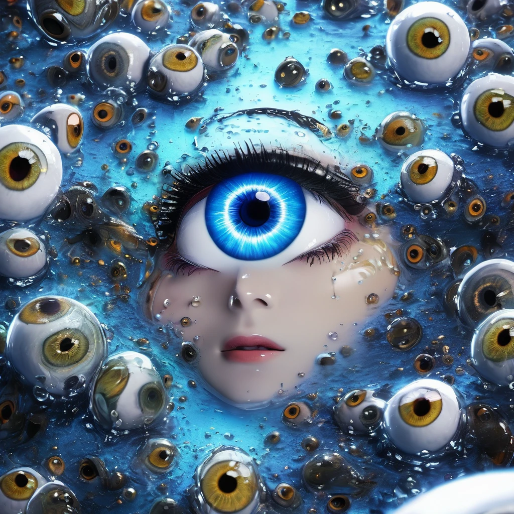 a detailed human head ((full of eyeballs)) in a , cosmic watery dimension using crystal clear effect , ((wet effect)) , shimmering vibrant , blackpitch background using hd , 32k high resolution, clear grahpic , high quality image in 32k resolution.