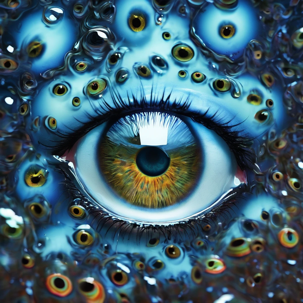 a detailed human head ((full of eyeballs)) in a , cosmic watery dimension using crystal clear effect , ((wet effect)) , shimmering vibrant , blackpitch background using hd , 32k high resolution, clear grahpic , high quality image in 32k resolution.
